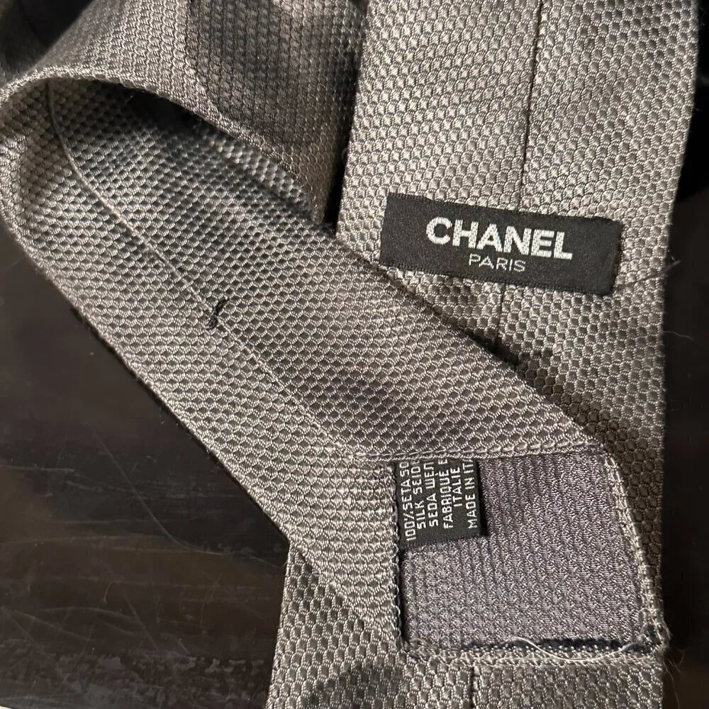 Chanel Silk Tie Mens Necktie Gray Black Hand painted Abstract Neckwear Spots